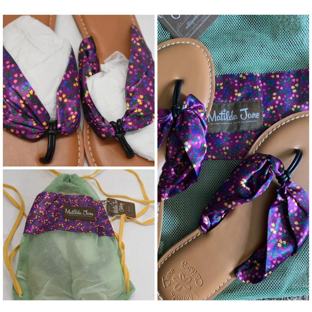 Matilda Jane Sandals 8 Toes in The Sand Purple Beach Floral Flip Flops NEW w Bag